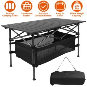 Folding Aluminum Camping Table with Storage Basket & Carry Bag