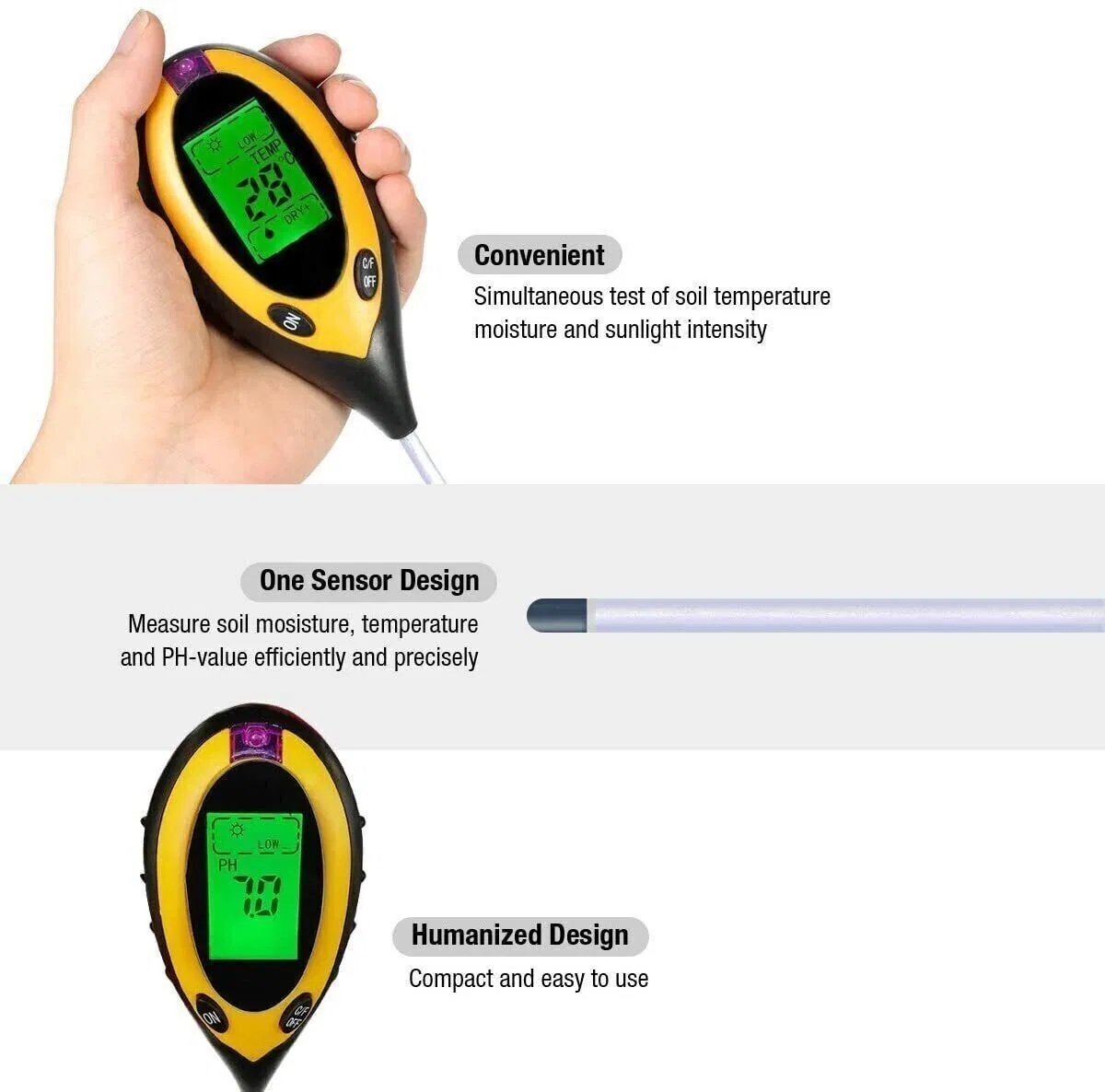 4 In 1 LCD Digital Soil Tester PH Water Temperature Sunlight Plant Test 4 In 1 LCD Digital Soil Tester PH Water Temperature Sunlight Plant Test