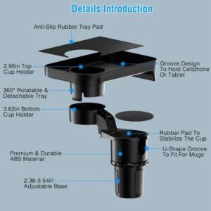 360° Rotating Car Cup Holder Expander with Tray & Adjustable Base