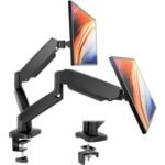 Dual monitor gas spring desk mount with two adjustable arms and clamp or grommet bases
