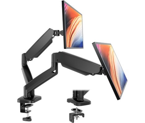 Dual Monitor Gas Spring Desk Mount – Clamp and Grommet Options Dual monitor gas spring desk mount with two adjustable arms and clamp or grommet bases