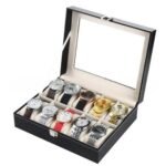 10-Compartment PU Leather Watch Organizer Box - Black - Image 5
