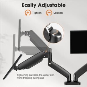 Gas spring monitor arm tension adjustment with tighten and loosen directions